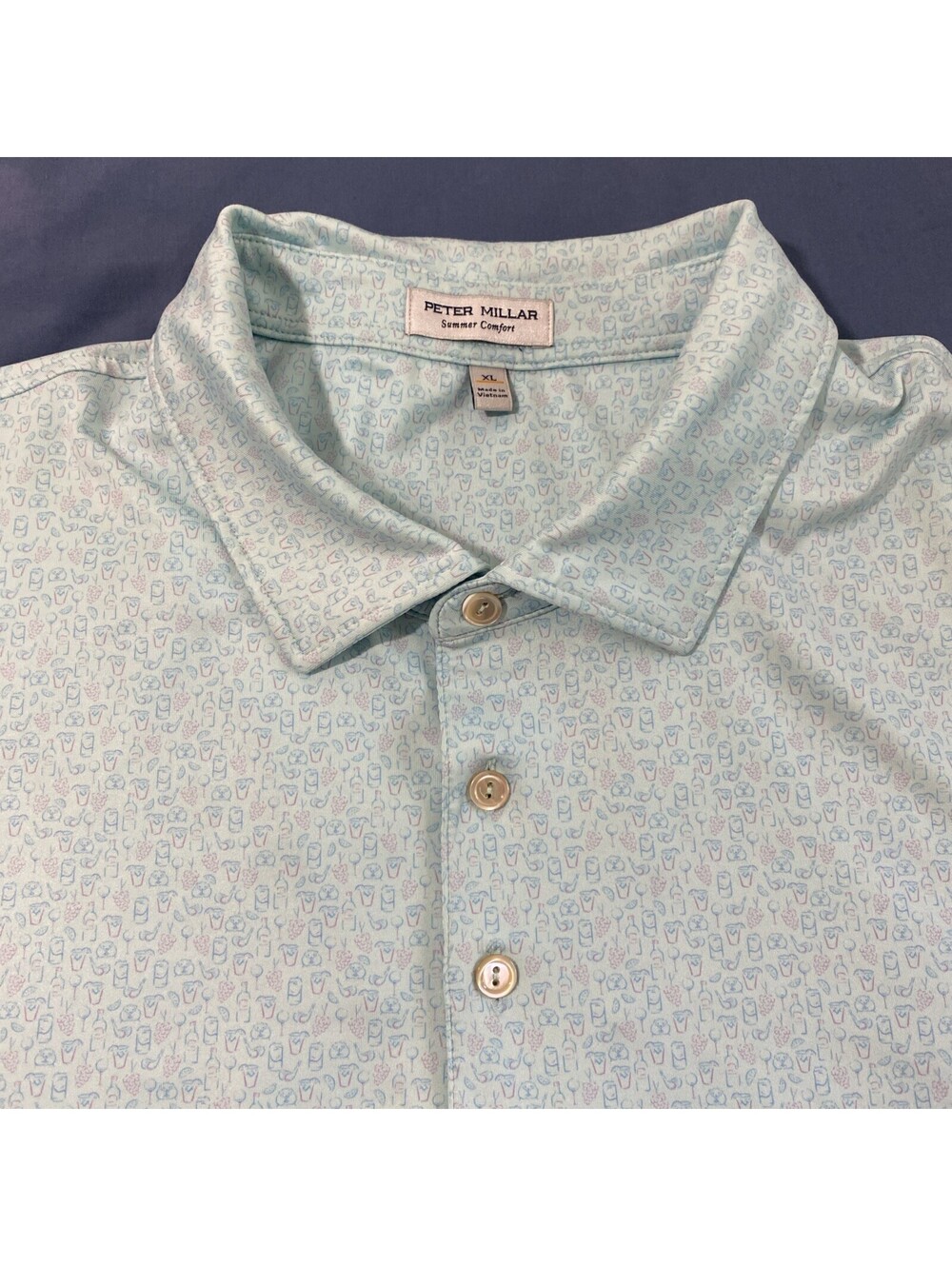 Peter Millar Summer Comfort Golf Polo Shirt Cocktail All Over Print Blue Mens XL